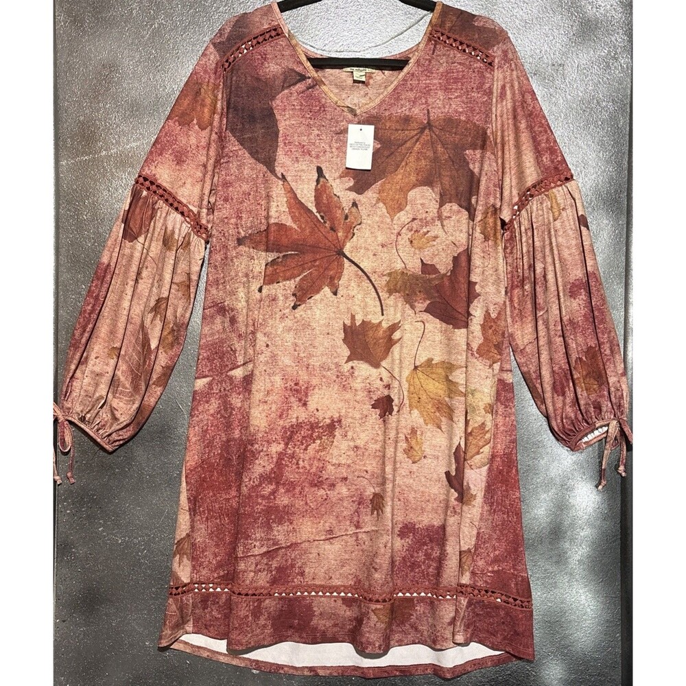 NEW One World Leaf Print Rust Dress Artsy Long Sleeve Fall Themed BOHO Cabincore